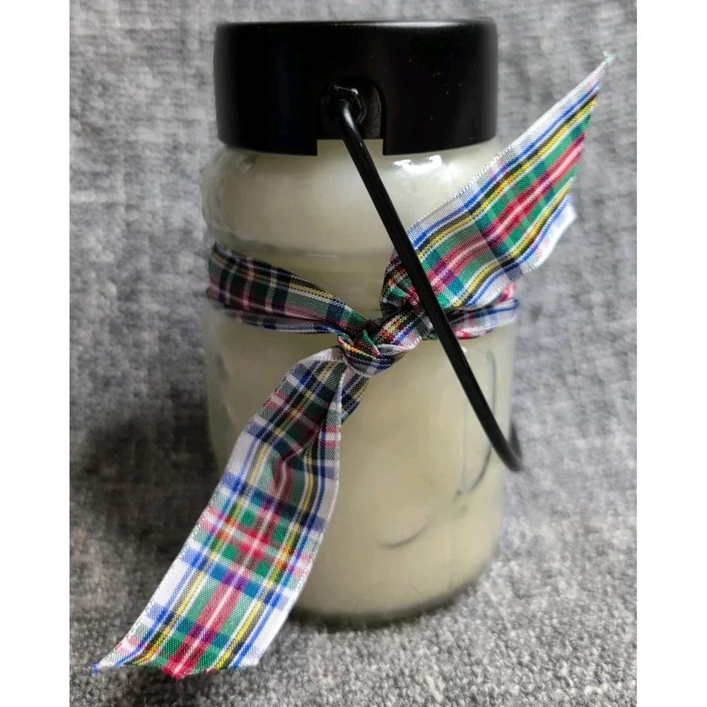 Snowman Sugar Cookie Scented Jar Candle In Black Metal Holder Plaid Ribbon